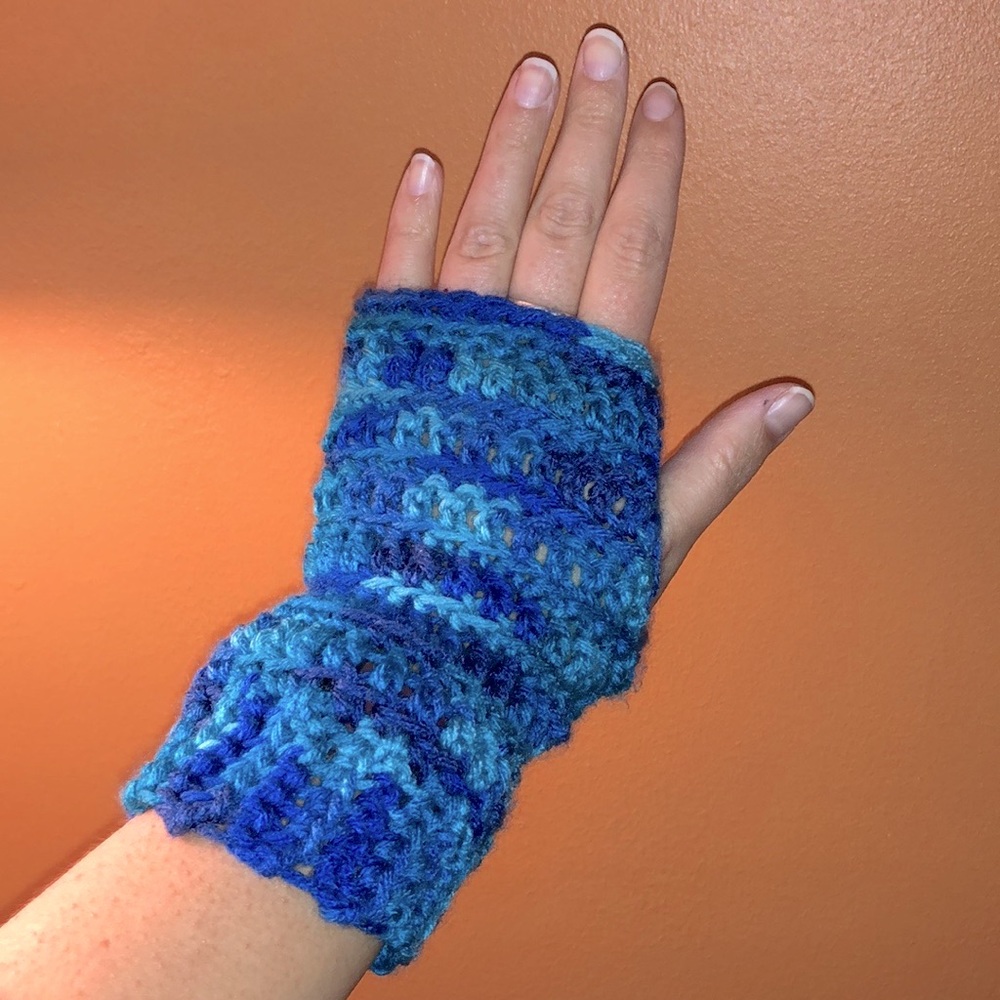 Fingerless Crocheted Hand Warmers - Blue - Handmade. One size.